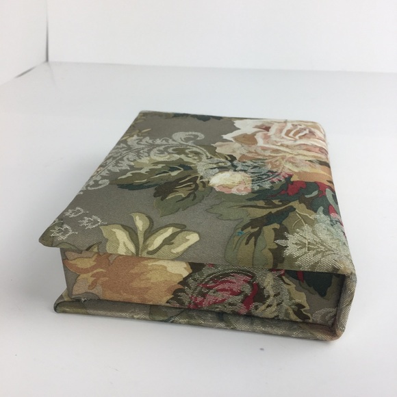 Floral Jacquard Fabric Covered Box Green Ivory Roses Book - Picture 10 of 11